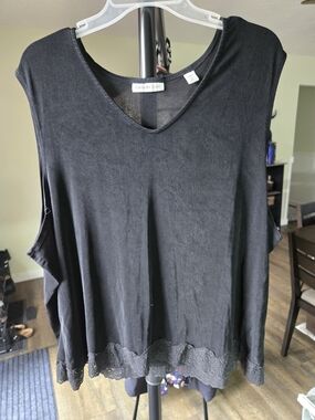 Coldwater Creek Black V-Neck Tank with Lace Hem